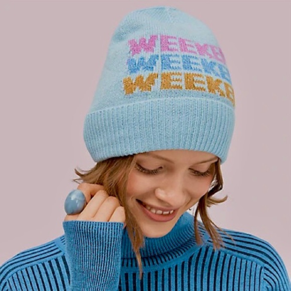kate spade ♠️ ‘WEEKEND’ Wool Blend Beanie Hat in Light Blue.